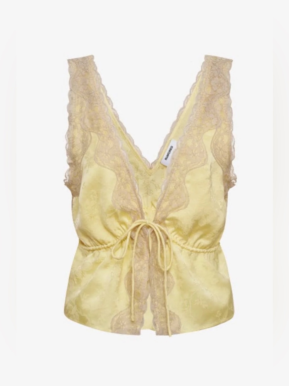 Rumored Lady Lace Cropped Open Tie Front Top Buttercream Yellow Jacquard M